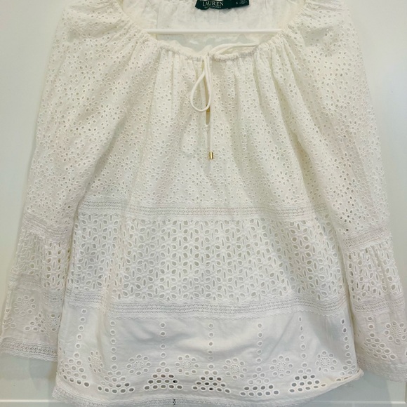 Ralph Lauren Tops - Ralph Lauren White Eyelet Tie-Neck Peasant Tunic